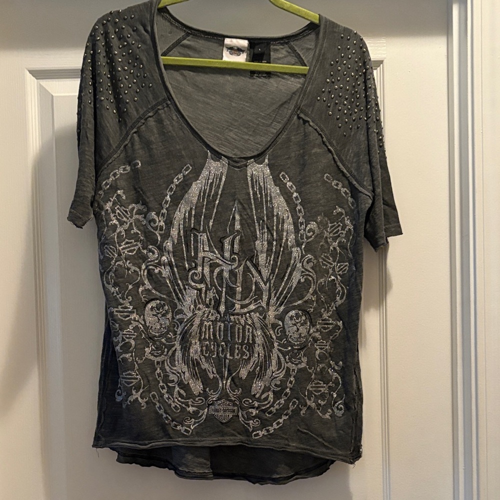 Gray Studded Graphic Women's Top Harley Davidson